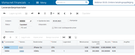 Skjermbilde fra leverandørprisavtaler i Visma.net