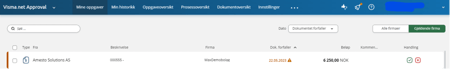 Skjermbilde av at fakturaen har ankommet approval