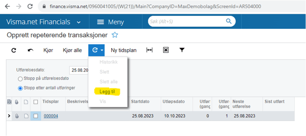 Skjermbilde av tidsplan i Visma Net